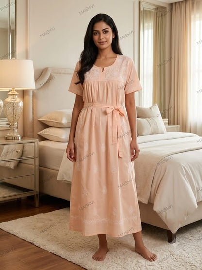 Hand Chikankari Cotton Nighty for Women | Soft, Breathable & Comfortable Nightwear