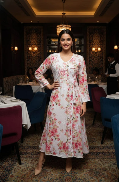 Beautiful Mul Mul Cotton Angarakha Kurti – Fine Chikankari Embroidery & Printed Elegance