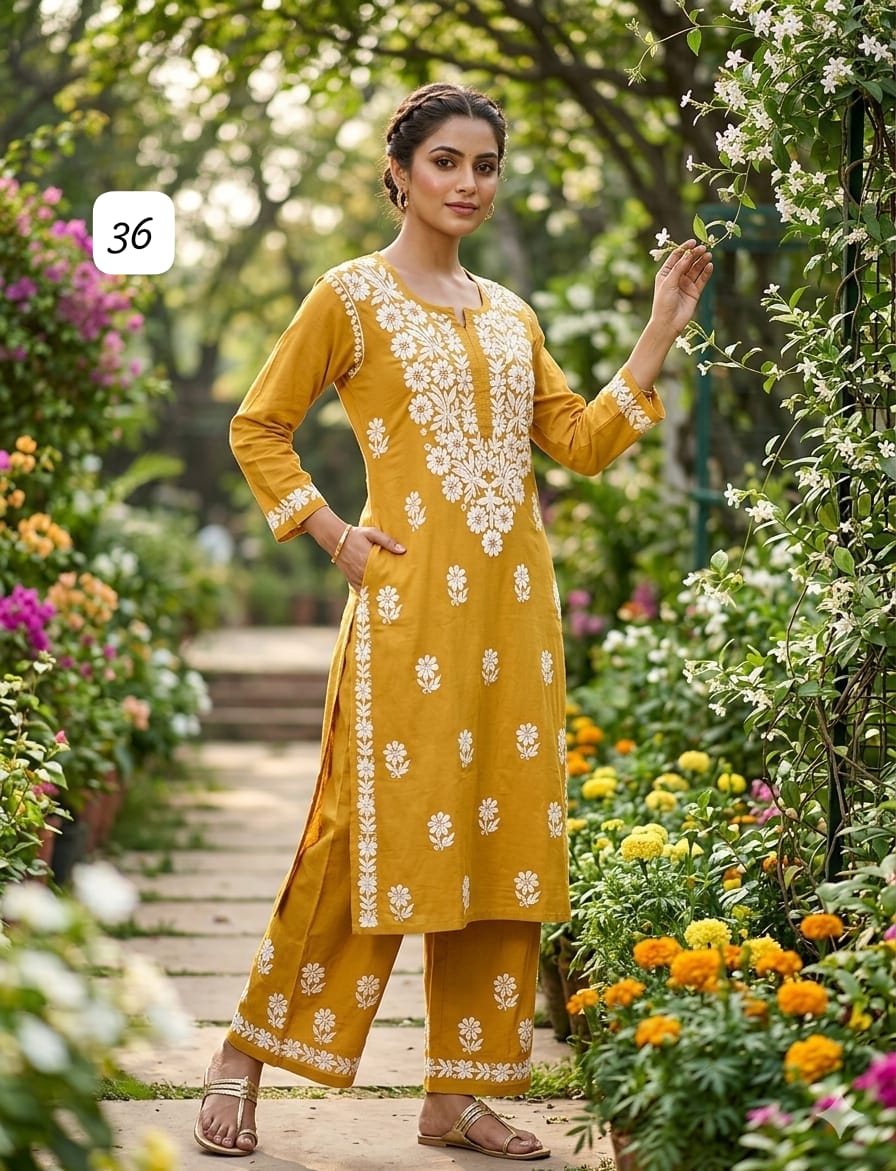 Premium Heavy Reyon Cotton Chikankari Kurti & Palazzo Set – Fine Heavy Embroidery Work