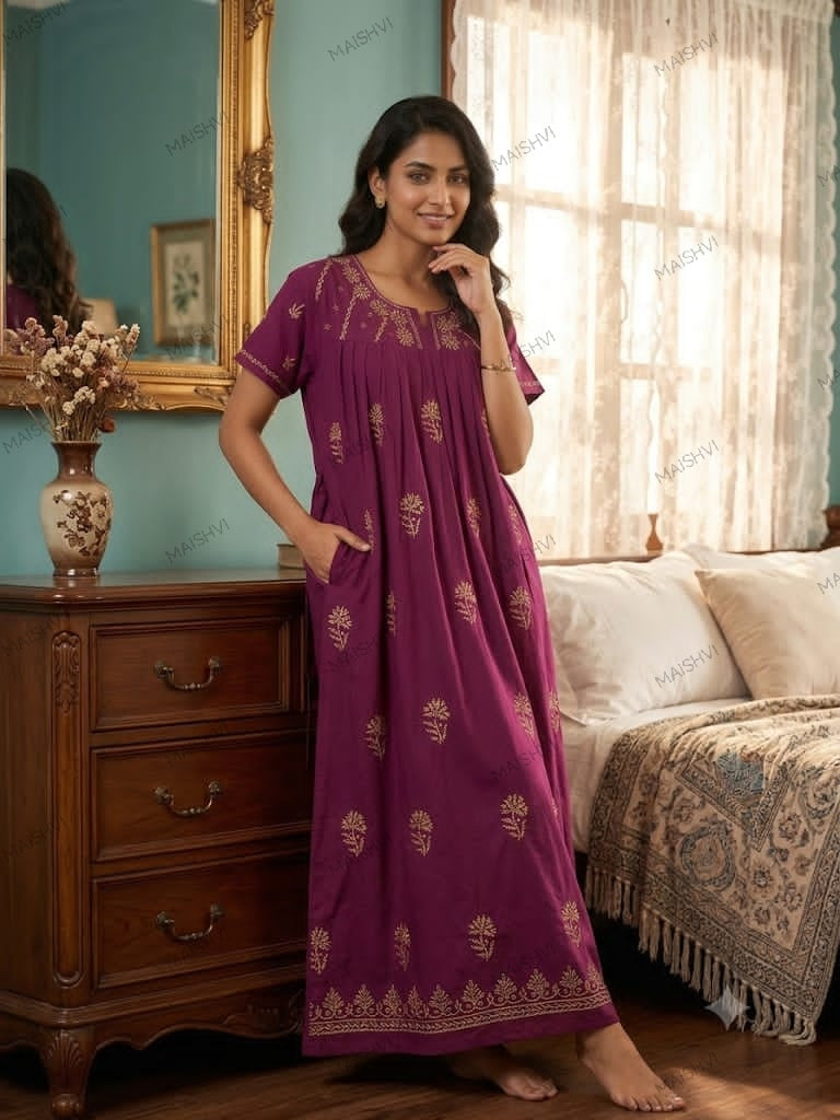 Non-Transparent Cotton Nighty with Adjustable Belt & Tone-on-Tone Work | Soft & Comfortable Sleepwear for Women