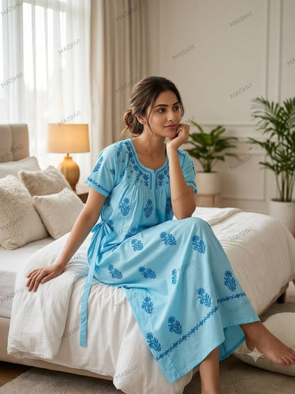 Non-Transparent Cotton Nighty with Adjustable Belt & Tone-on-Tone Work | Soft & Comfortable Sleepwear for Women