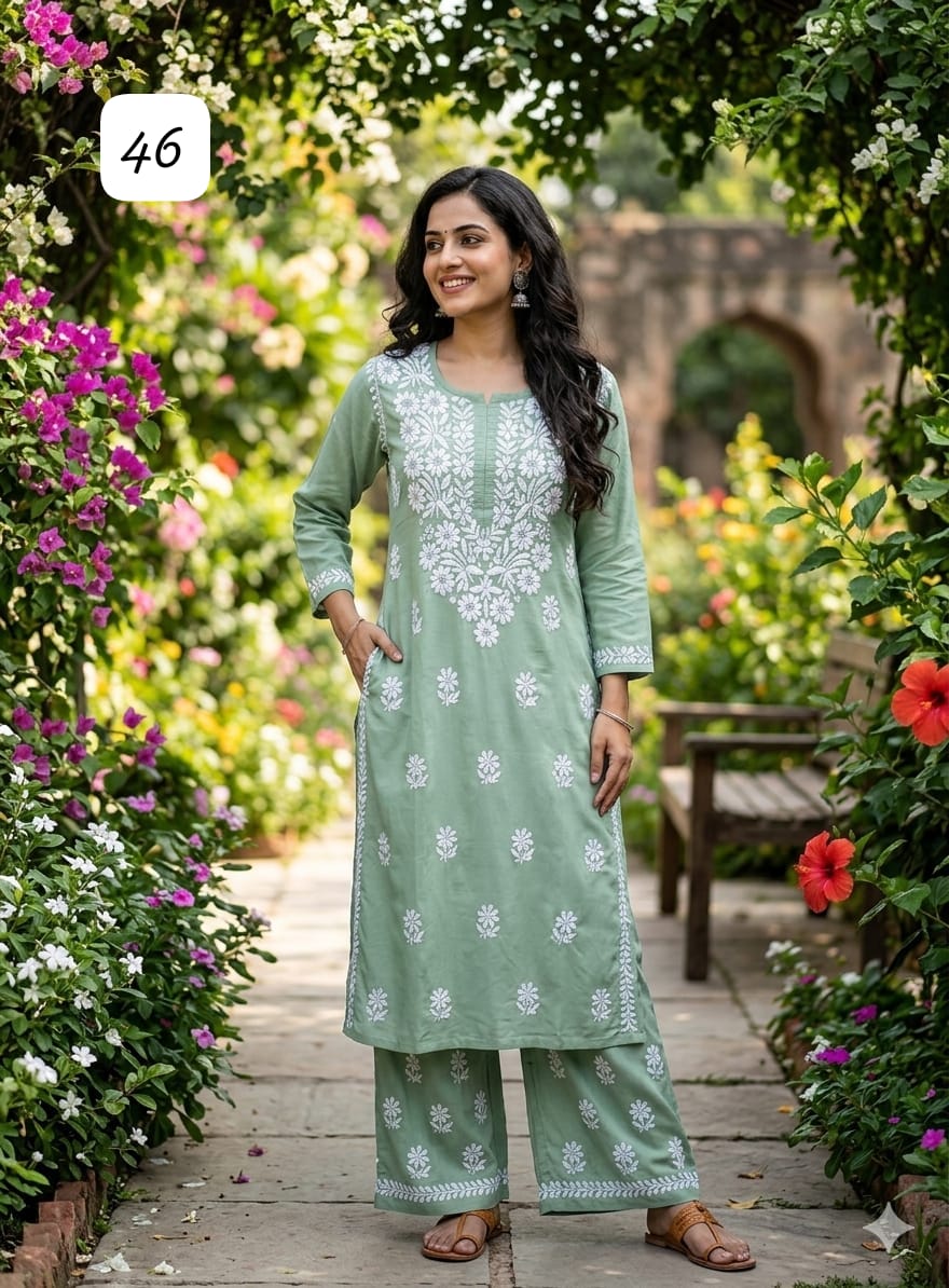 Premium Heavy Reyon Cotton Chikankari Kurti & Palazzo Set – Fine Heavy Embroidery Work