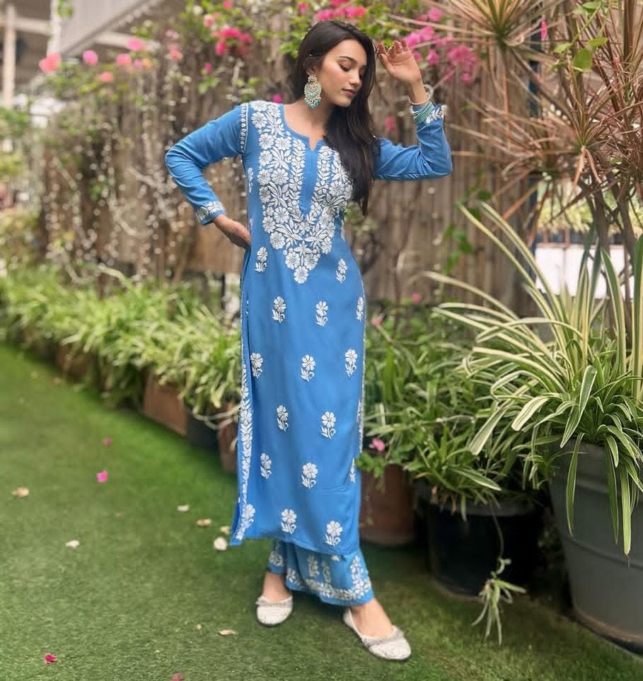 PREMIUM QUALITY REYON KURTI PLAZO SET WITH FINEST HAND EMBROIDERY