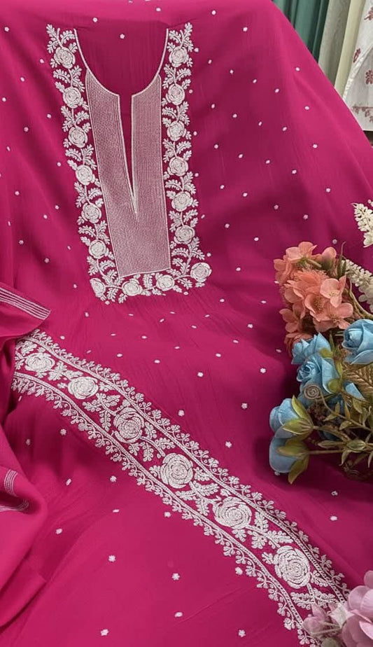 Exclusive Pure Mul Chanderi Kurta Material & Dupatta with Cutdana Work - Rose Design