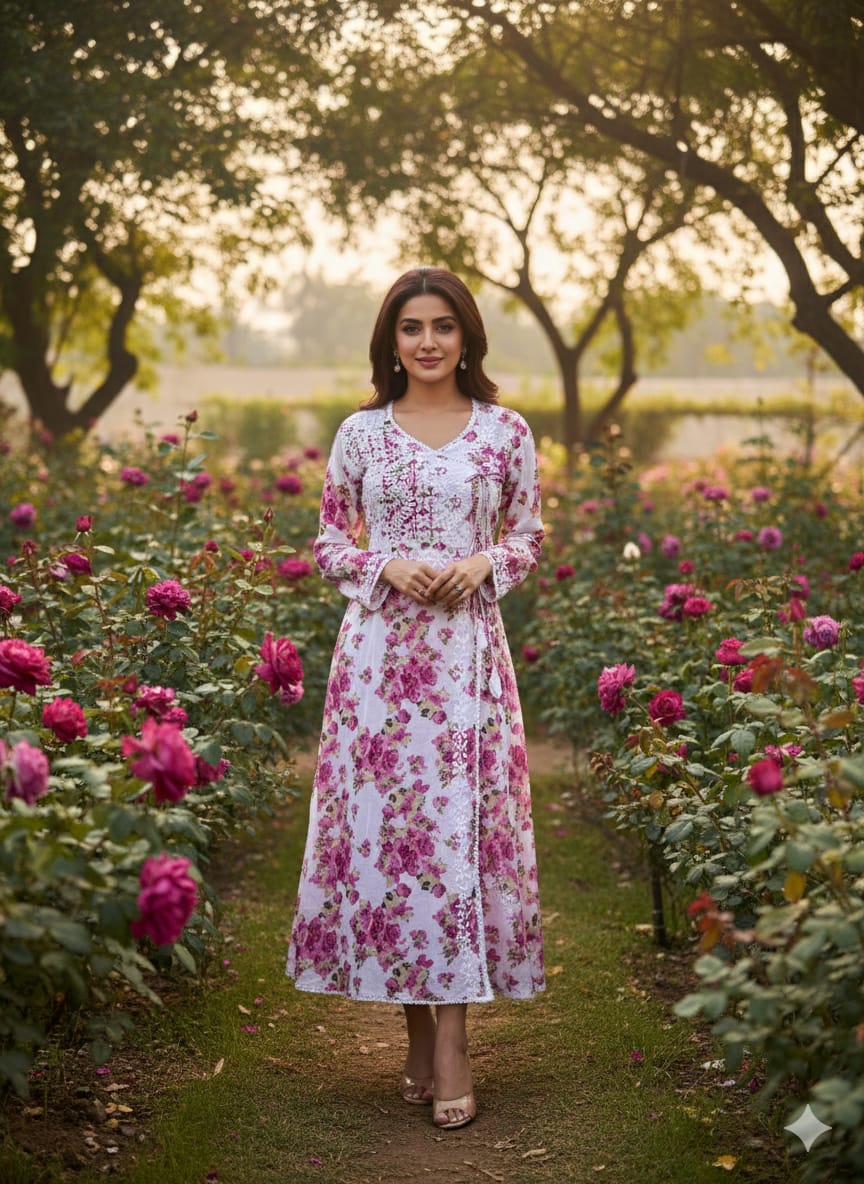 Beautiful Mul Mul Cotton Angarakha Kurti – Fine Chikankari Embroidery & Printed Elegance