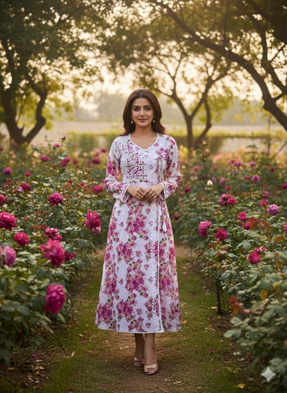 Beautiful Mul Mul Cotton Angarakha Kurti – Fine Chikankari Embroidery & Printed Elegance