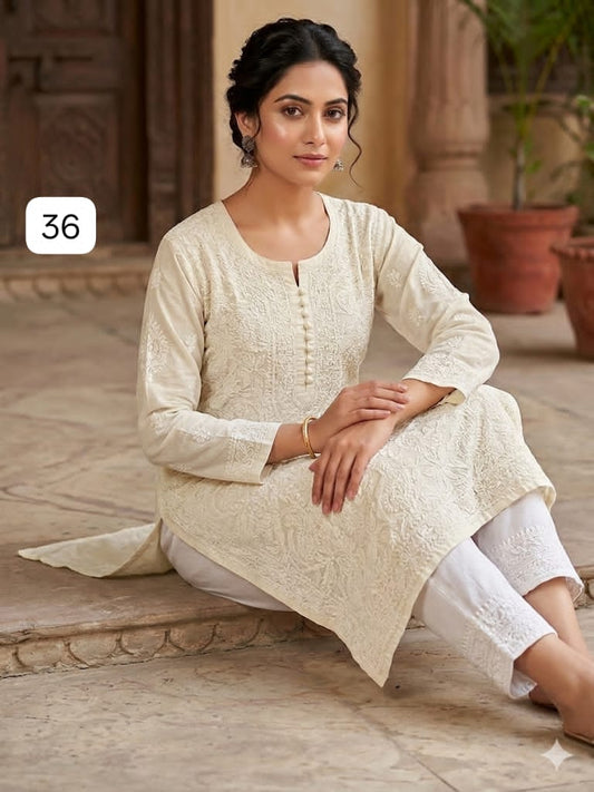 Fine Cotton Front Jaal Chikankari Kurti with Potli Buttons