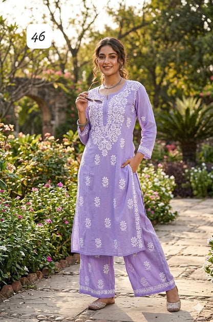 Premium Heavy Reyon Cotton Chikankari Kurti & Palazzo Set – Fine Heavy Embroidery Work