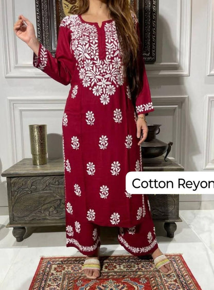 PREMIUM QUALITY REYON KURTI PLAZO SET WITH FINEST HAND EMBROIDERY