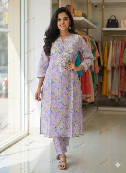 Aesthetic Print Mul Mul Cotton Kurti Plazzo Set – Handcrafted Two-Piece Ensemble