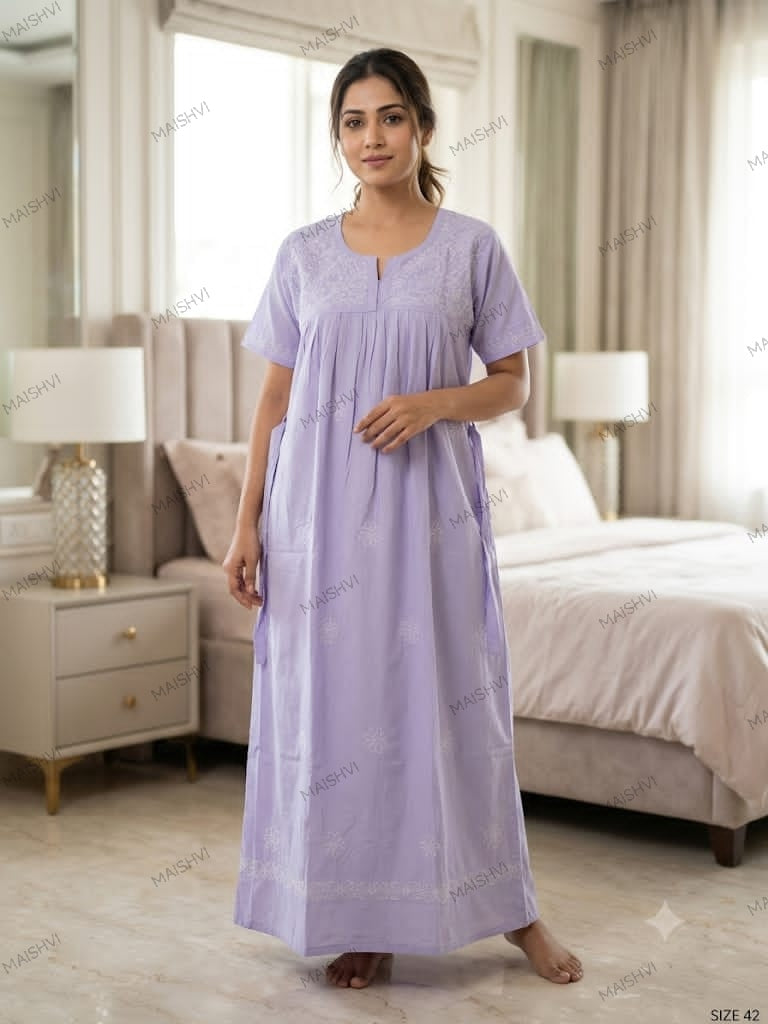 Hand Chikankari Cotton Nighty for Women | Soft, Breathable & Comfortable Nightwear