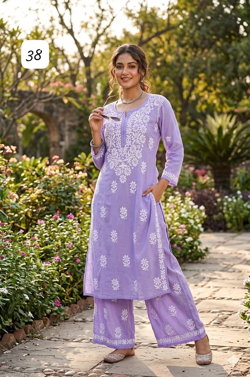 Premium Heavy Reyon Cotton Chikankari Kurti & Palazzo Set – Fine Heavy Embroidery Work