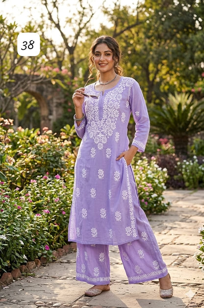 Premium Heavy Reyon Cotton Chikankari Kurti & Palazzo Set – Fine Heavy Embroidery Work