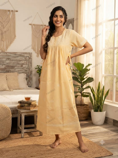 Hand Chikankari Cotton Nighty for Women | Soft, Breathable & Comfortable Nightwear