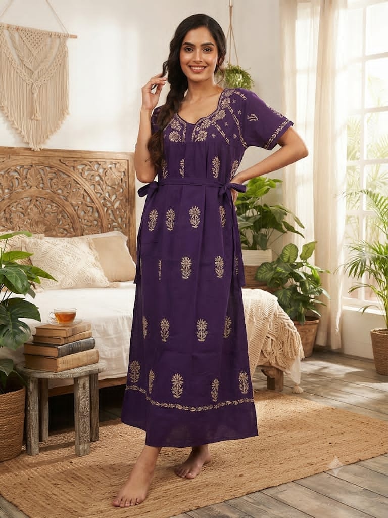 Non-Transparent Cotton Nighty with Adjustable Belt & Tone-on-Tone Work | Soft & Comfortable Sleepwear for Women