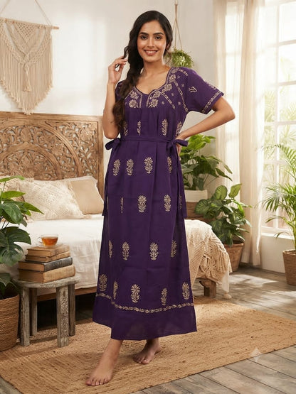 Non-Transparent Cotton Nighty with Adjustable Belt & Tone-on-Tone Work | Soft & Comfortable Sleepwear for Women