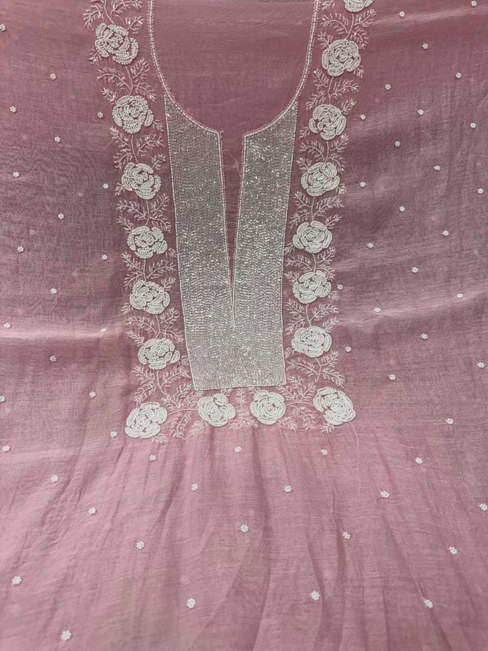 Exclusive Pure Mul Chanderi Kurta Material & Dupatta with Cutdana Work - Rose Design
