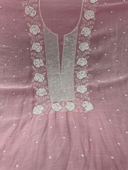 Exclusive Pure Mul Chanderi Kurta Material & Dupatta with Cutdana Work - Rose Design
