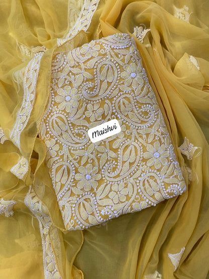 Georgette 3 Pc Chikankari Suit – Kurta Dupatta Bottom Set with Intricate Handwork