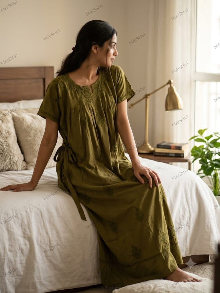 Non-Transparent Cotton Nighty with Adjustable Belt & Tone-on-Tone Work | Soft & Comfortable Sleepwear for Women