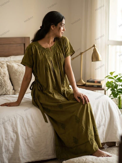 Non-Transparent Cotton Nighty with Adjustable Belt & Tone-on-Tone Work | Soft & Comfortable Sleepwear for Women