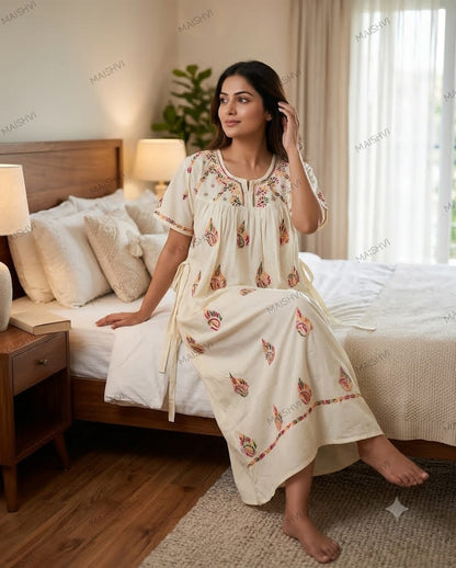 Non-Transparent Cotton Nighty with Adjustable Belt & Tone-on-Tone Work | Soft & Comfortable Sleepwear for Women