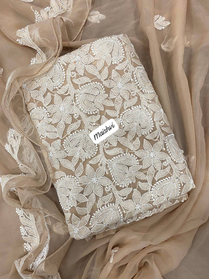 Georgette 3 Pc Chikankari Suit – Kurta Dupatta Bottom Set with Intricate Handwork