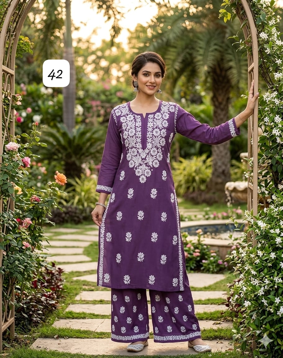 Premium Heavy Reyon Cotton Chikankari Kurti & Palazzo Set – Fine Heavy Embroidery Work