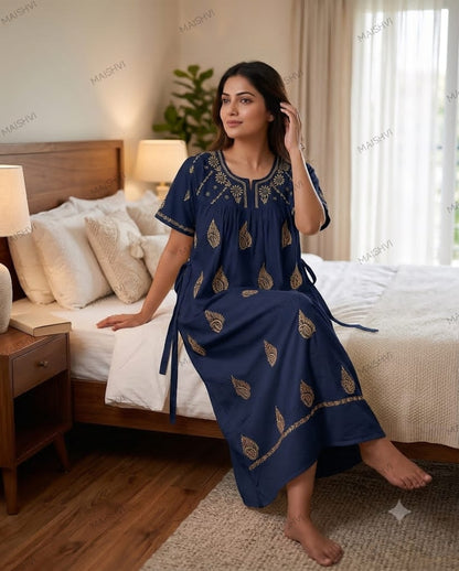 Non-Transparent Cotton Nighty with Adjustable Belt & Tone-on-Tone Work | Soft & Comfortable Sleepwear for Women