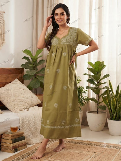 Hand Chikankari Cotton Nighty for Women | Soft, Breathable & Comfortable Nightwear