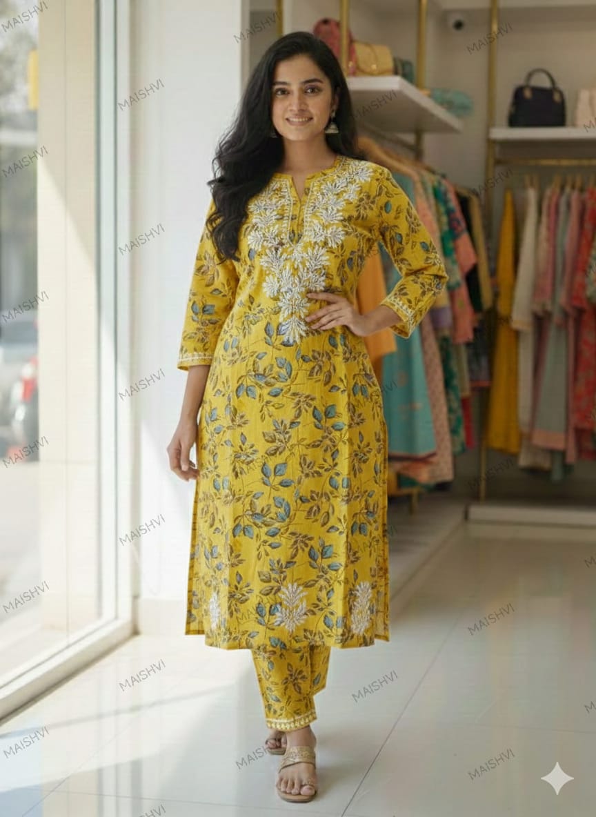 Aesthetic Print Mul Mul Cotton Kurti Plazzo Set – Handcrafted Two-Piece Ensemble